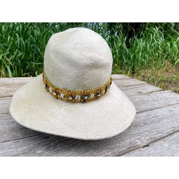 Vintage 1960s Felted Wool Bucket Hat Rhinestone Pearl Band Helios Jan Leslie - Picture 13 of 16